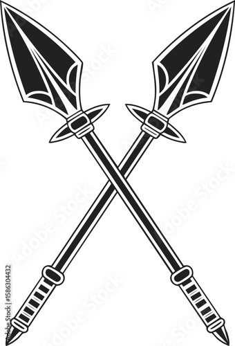 Crossed spears, vintage engraved illustration of two ornate spears, historical weaponry design, classic emblematic art
