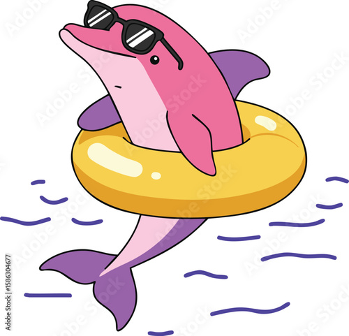 Pink dolphin with sunglasses floating on yellow swim ring in water vector illustration summer fun theme 