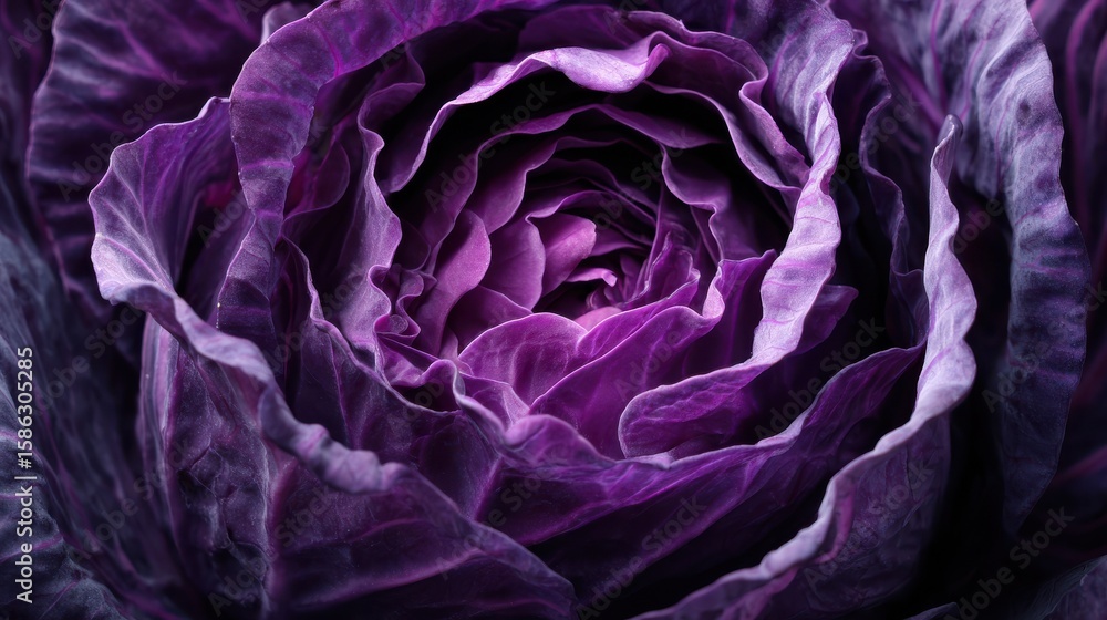 Obraz premium Closeup of vibrant purple cabbage texture showing intricate swirling patterns and layers against a dark background for a striking visual contrast.