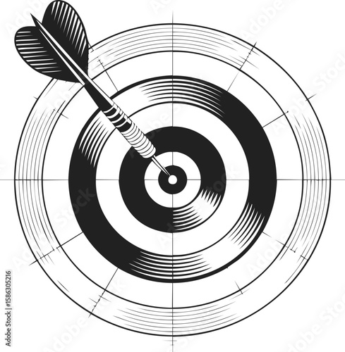 Darts target, archery bullseye, precision throwing, game focus and strategy, vintage engraved style