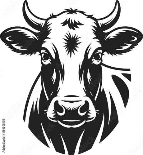 Detailed vintage engraved illustration of a cow head, capturing the essence of farm life and livestock charisma
