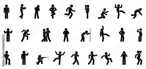 stick figure people pictogram, set of human silhouettes, man icon, various poses, gestures and movements	
