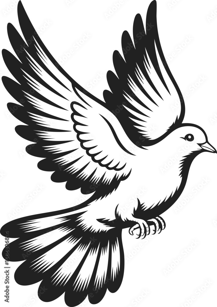 Fototapeta premium Dove, graceful bird in flight, symbol of peace and freedom, detailed vintage engraving, ideal for tattoos, logos, and decorative prints