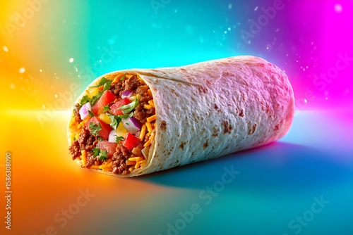 Delicious beef burrito with fresh vegetables and cheese on colorful background