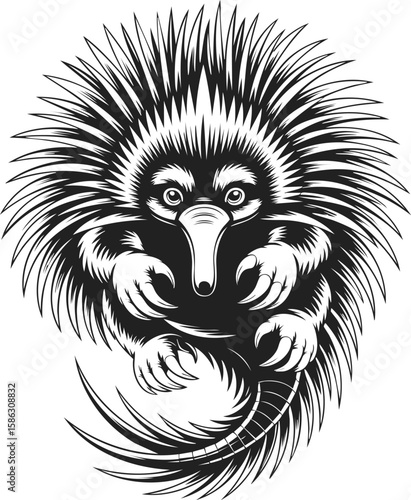 Echidna, spiny anteater, native Australian marsupial, unique creature with quills and snout, vintage engraving style