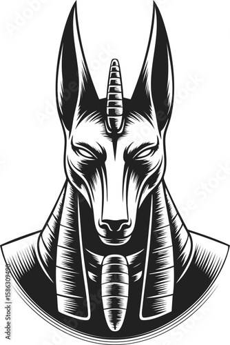 Elegant anubis head illustration, ancient egyptian deity, symbol of protection and afterlife, vintage engraving style art