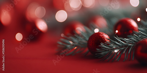 Christmas red baubles and pine branches on a red background. Holiday decoration with bokeh lights. Festive season greeting card.