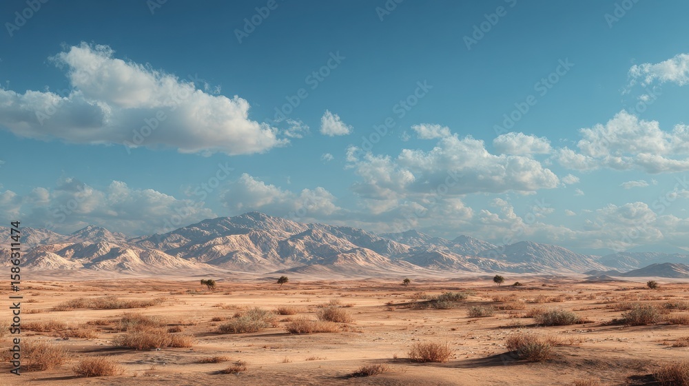 Fototapeta premium Expansive desert landscape under a clear blue sky with distant mountains and soft clouds in a serene environment. Generative AI