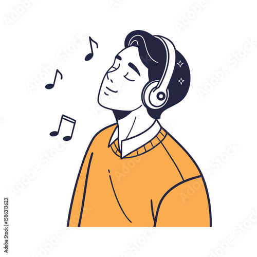 Minimal outline-style vector icon depicting a man wearing headphones, enjoying music in a calm and relaxed posture. Musical notes float around the head, emphasizing the theme of sound and serenity.