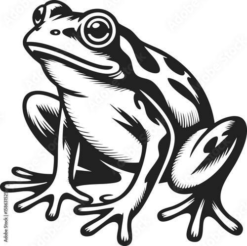 Frog, amphibian creature in seated position, detailed vintage engraving of a toad with intricate patterns