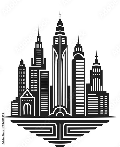 Futuristic city skyline vector illustration in vintage engraved style with architectural marvels and unique structures