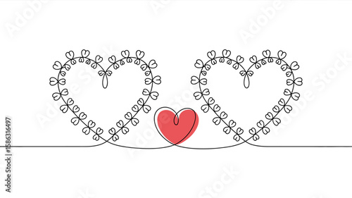 Love Blooms in Unity: A delicate line art illustration depicting two intertwined hearts adorned with floral embellishments, cradling a singular.
