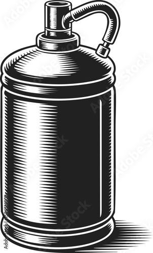 Gas canister, vintage fuel container, metal storage vessel with nozzle, perfect for workshop or garage settings