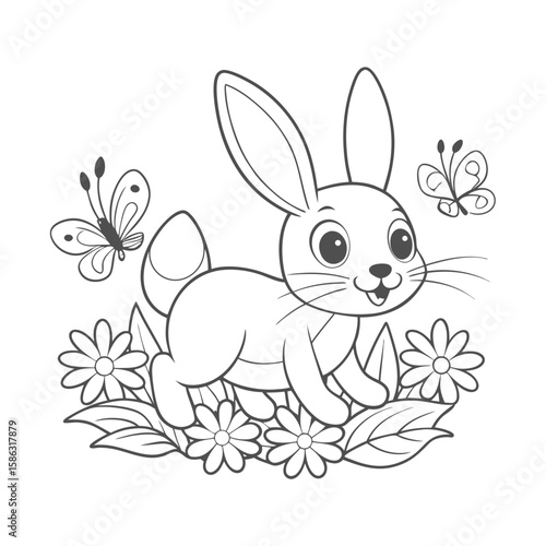 Cute Baby Bunny Hopping Through a Meadow with Flowers Coloring Page
