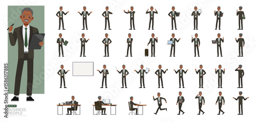 Big Set of businessman wear grey suit character vector design. People working in office planning, thinking and economic analysis. Presentation in various action.