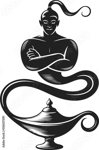 Genie emerges from lamp magical spirit in vintage engraved style illustration
