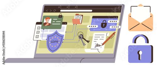 Laptop featuring GDPR shield, forms, locked keys, contracts, and cybersecurity symbols. Ideal for privacy policy, data security, compliance, legal tech cybersecurity web policy simple flat metaphor