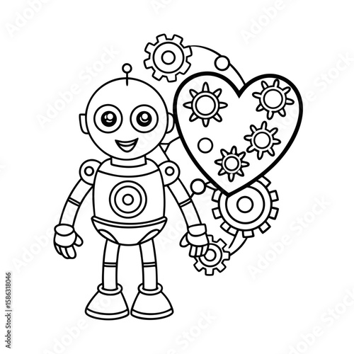 Friendly Robot Holding a Heart Shaped Balloon with Stars Coloring Page