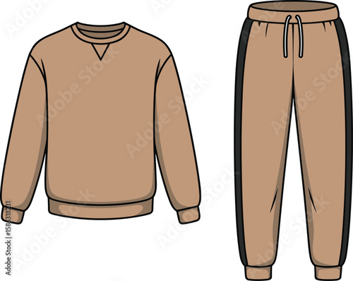 Comfortable Beige Sweatshirt and Jogger Pants Set with Contrasting Side Stripe, Casual Loungewear Apparel Flat Sketch, Vector Template for Fashion Design Mockups