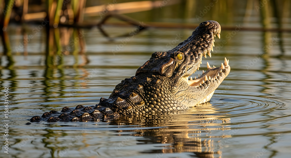 Fototapeta premium Crocodile – Powerful Predator in Wild Wetland Habitat
