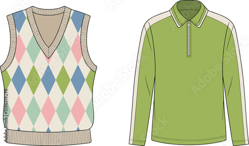 Classic Argyle Knit Vest and Long Sleeve Polo Shirt with Zipper, Fashion Apparel Technical Flats, Vector Mockup, Design Elements