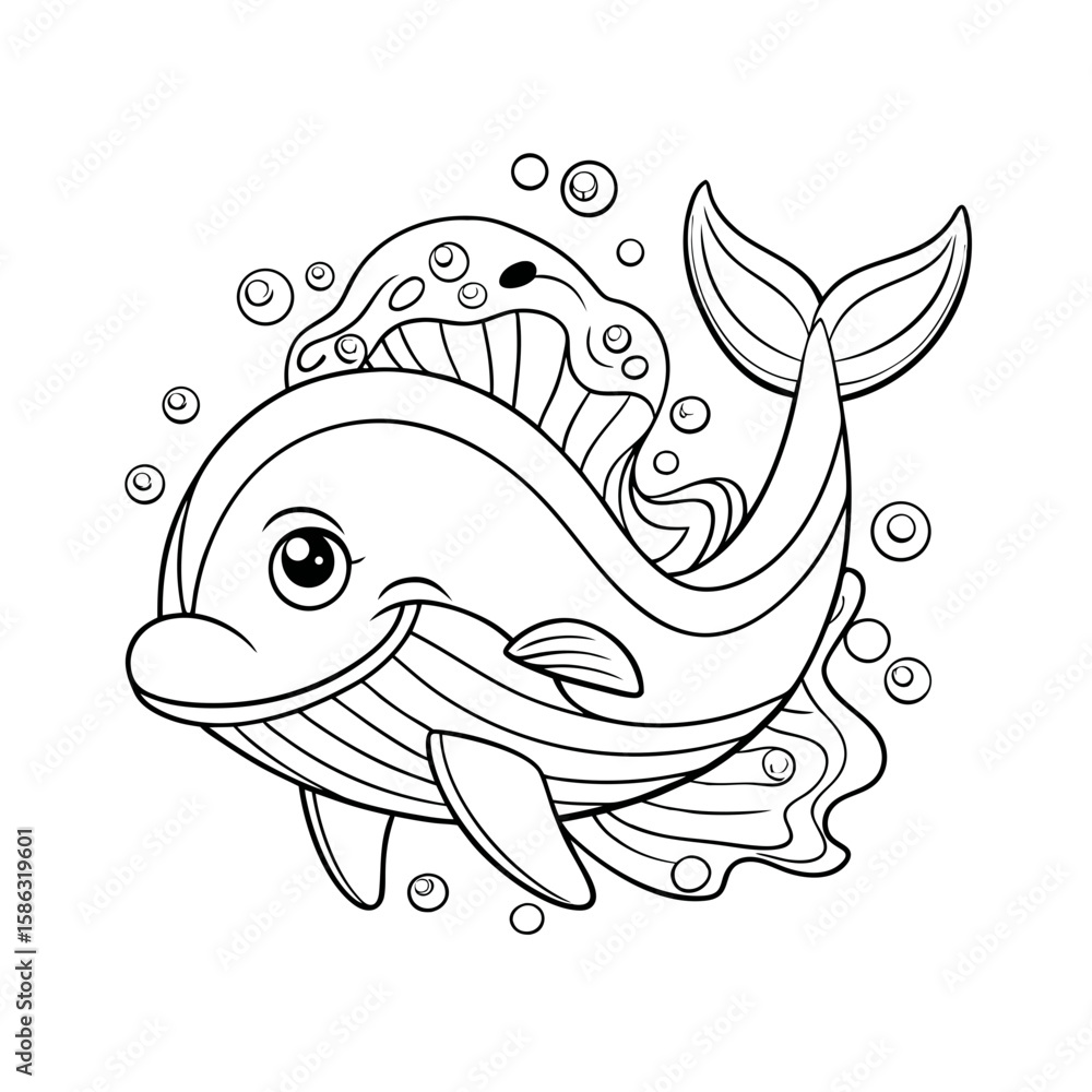 Fototapeta premium Happy Whale Splashing Water with Fish and Bubbles Coloring Page