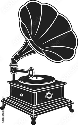 Gramophone phonograph vintage engraved illustration, classic sound device, musical history tool, retro record player, antique audio equipment