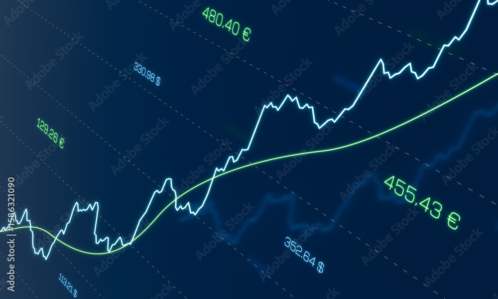 Fototapeta premium Close up rising chart, stock prices moving up, bull market. Stock market and exchange, profit, growth, risk, data, volatility, investment. 3D illustration