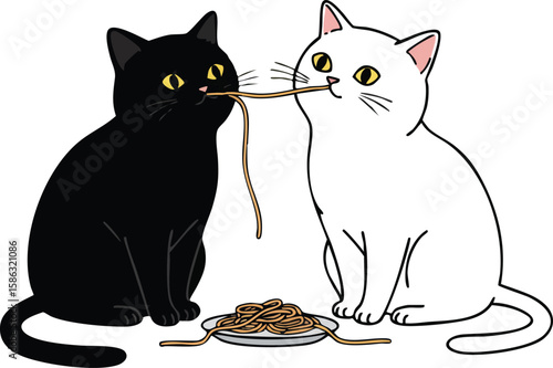 Black and white cats sharing spaghetti noodle cute pet animals vector illustration 