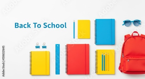 Colorful school supplies arrangement featuring notebooks, pencils, a ruler, and a backpack, perfect for back to school promotions and educational content creation.