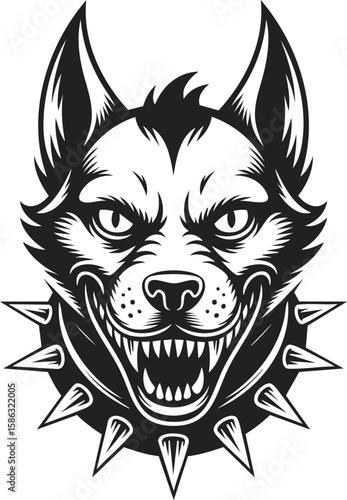 Hellhound vector illustration, fierce dog, mythical creature, guardian beast, terrifying canine, classic engravings, vintage design