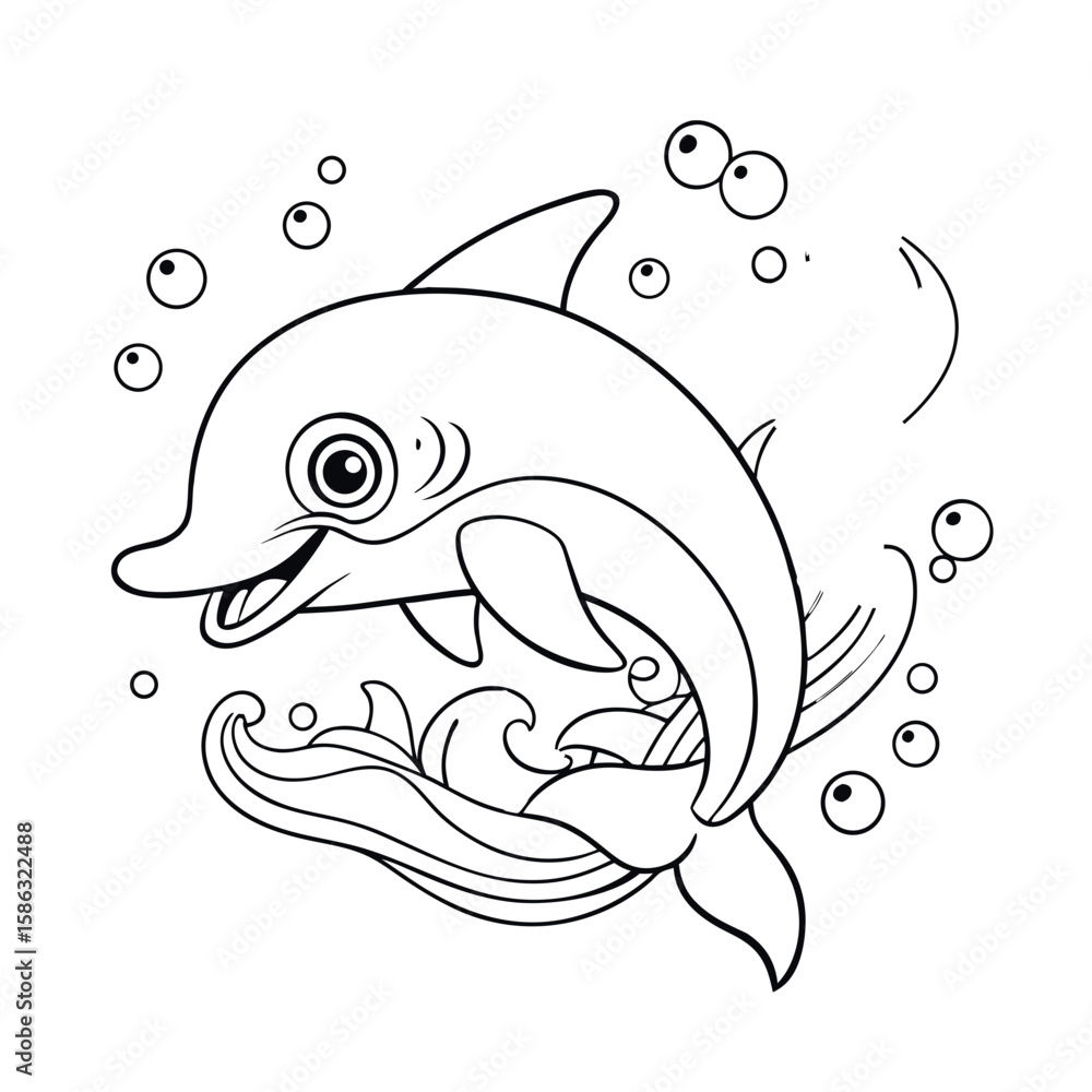Fototapeta premium Smiling Dolphin Jumping Over Waves with Fish and Bubbles Coloring Page