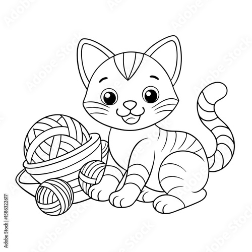 Smiling Kitten Playing with Yarn Balls in a Cozy Room Coloring Page