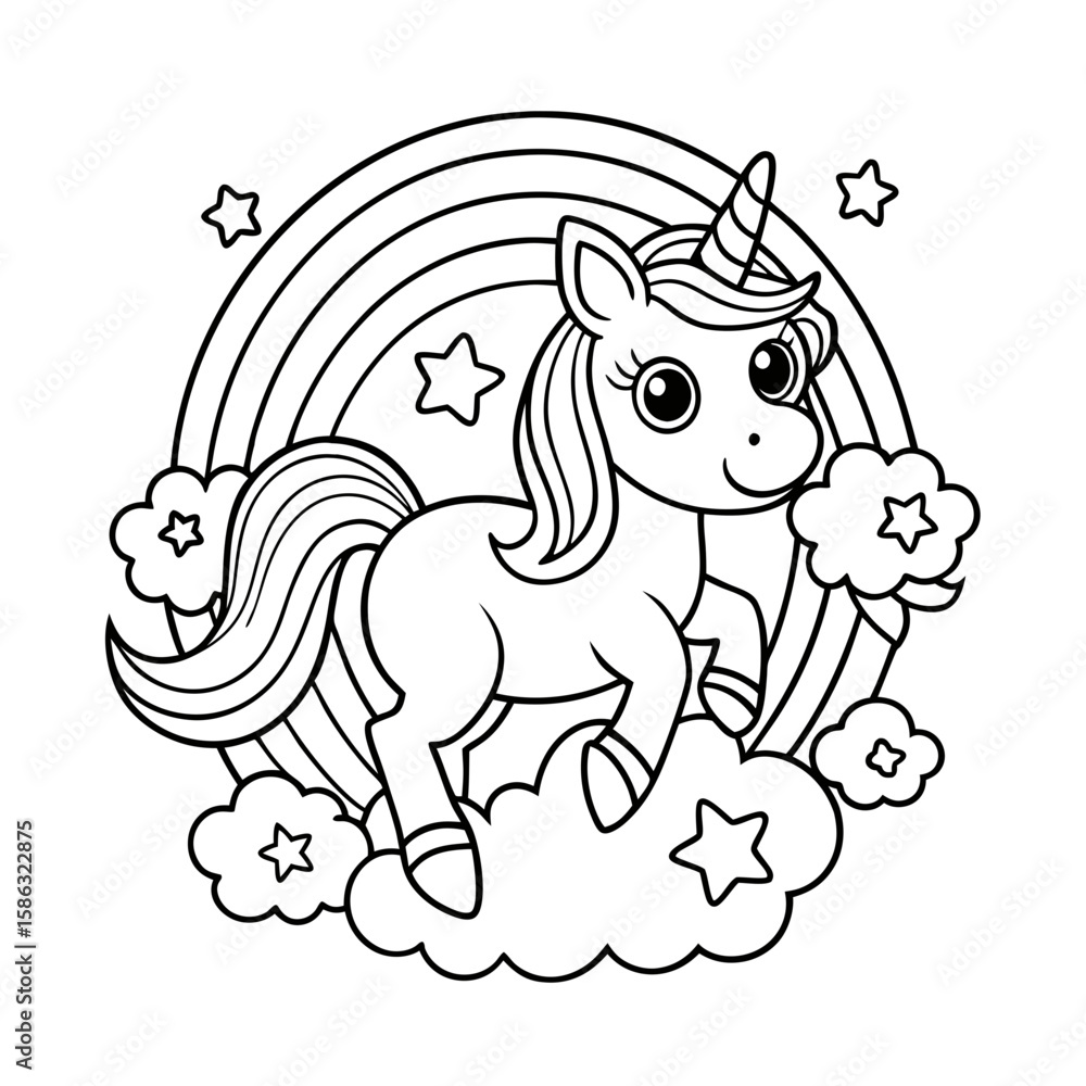 Obraz premium Smiling Unicorn Jumping Over a Rainbow with Stars Coloring Page