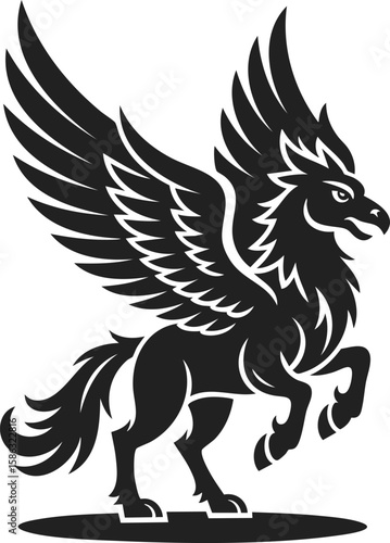 Hippogriff, mythical creature, winged beast, legendary figure, majestic form, fantasy illustration, dark silhouette, vintage design, fantasy art, engraved style