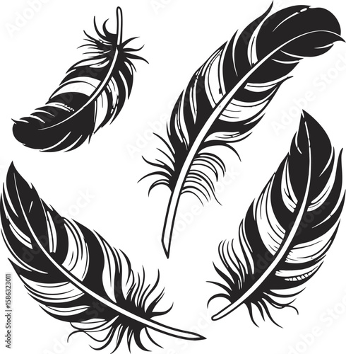 Set of black feather vector icons featuring bird quills and plumes in silhouette style for writing and design illustration