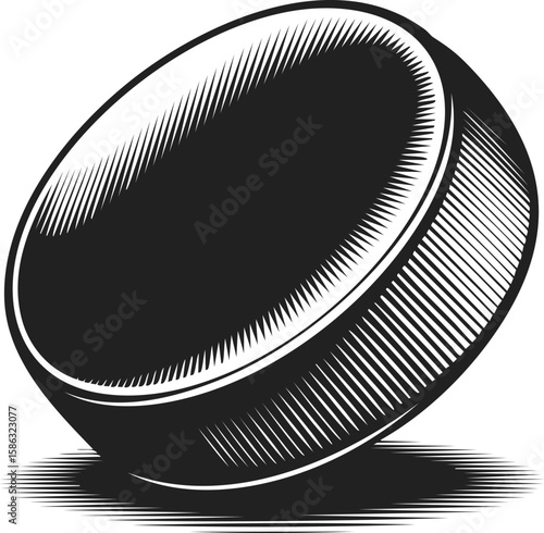 Hockey puck, skating disc, ice hockey equipment, sports disc, round game object depicting movement and action in vintage engraving style
