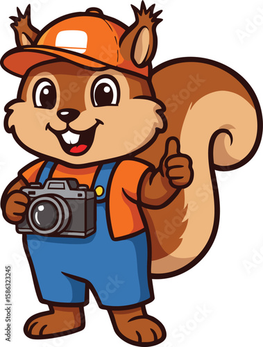 Cartoon squirrel wearing orange cap and blue overalls holding camera giving thumbs up cheerful vector illustration 