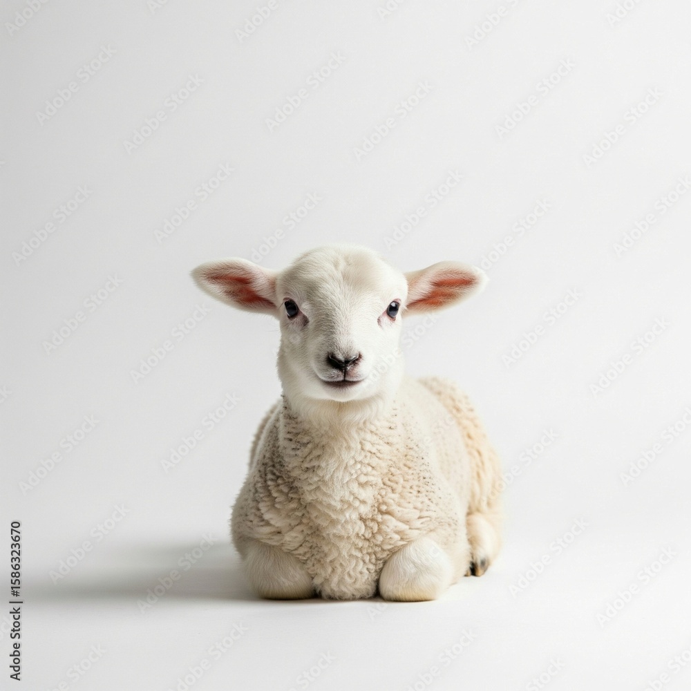 Fototapeta premium Adorable White Lamb Resting on Clean White Background 