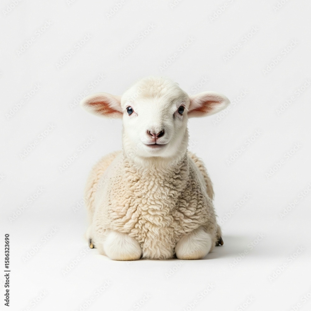 Fototapeta premium Adorable White Lamb Resting on Clean White Background 