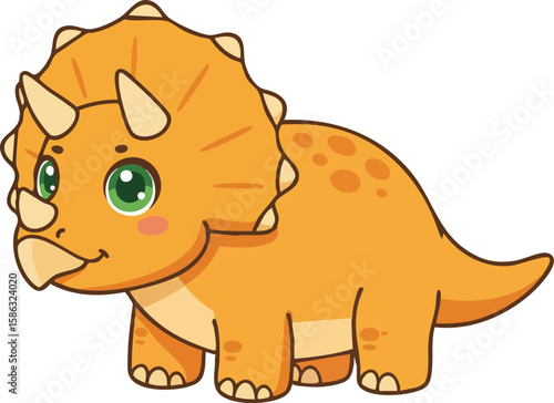 Cute orange triceratops dinosaur cartoon character with green eyes vector illustration for kids and education material