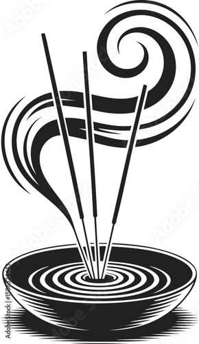Incense sticks, aromatic joss sticks, fragrant meditation tool with swirling smoke, relaxation aid in a decorative bowl