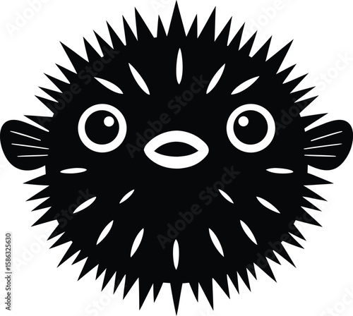 Puffed pufferfish silhouette with spiky round body, wide eyes, and small fins for iconic marine defense symbol