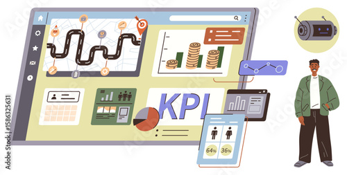 Interactive dashboard displaying charts, KPIs, financial data, and analytics tools with a man and surveillance camera. Ideal for analytics, strategy, performance tracking, finance, data management