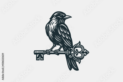 Bird sitting on ornate key engraving style vector illustration