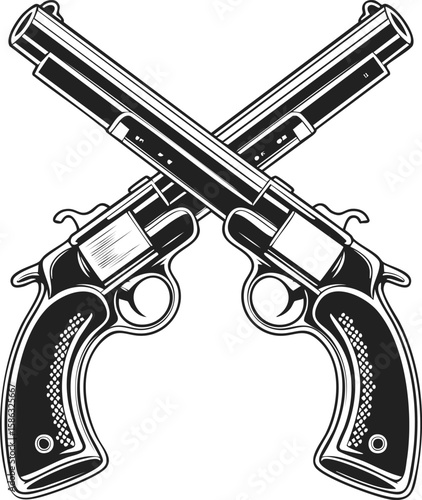 Intricately engraved crossed pistols illustration, dual firearm design, vintage etching for t-shirt prints, tattoo art, and emblems