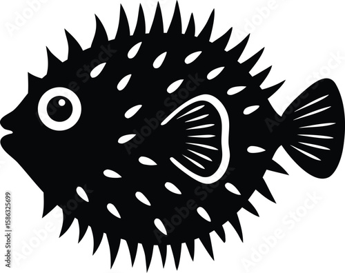 Pufferfish silhouette with rounded spiky body, wide eyes, and small fins for iconic marine defense creature symbol