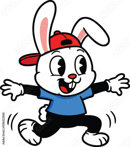 Cartoon white rabbit character wearing red cap and blue shirt running happily in playful pose vector illustration 