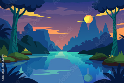 night landscape with mountains and sea