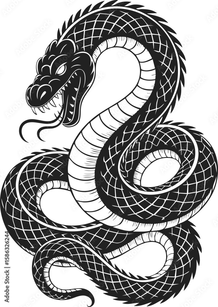 Obraz premium Jörmungandr World Serpent, mythical creature, Norse mythology, dragon-like serpent, coiling snake, ancient mythological symbol, legendary beast